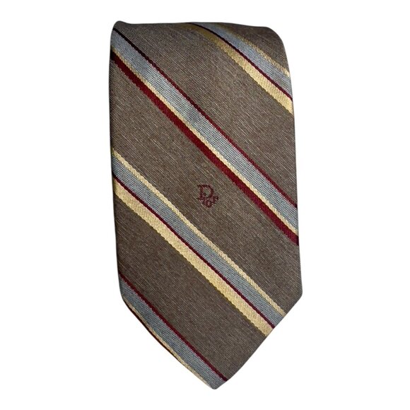 Vintage Christian Dior Striped Silk Tie Gray W/ Burgundy & Blue Accents - Picture 6 of 7